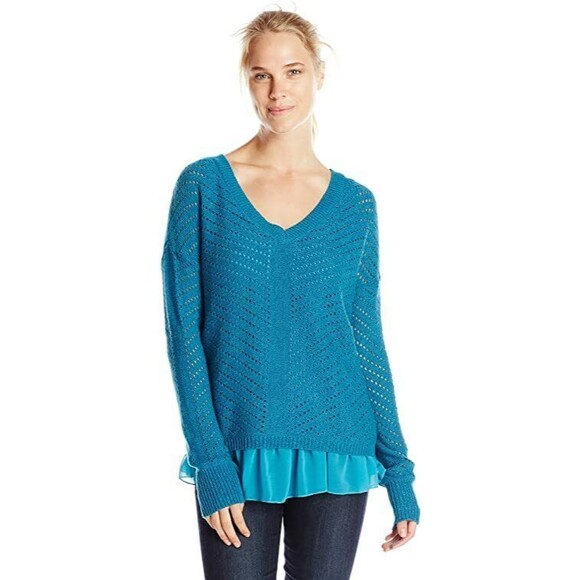 NWT New Womens L Prana Ellery Sweater Top Cotton Aqua Blue Layered LS Logo Soft - Picture 2 of 7